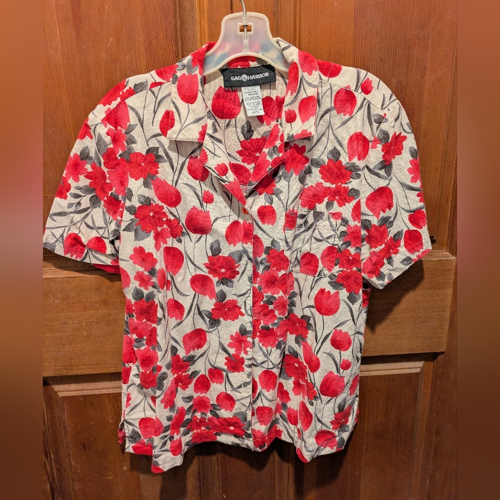 Sag Harbor Vintage Vibrant Red & White Floral Casual Button Down Linen Shirt M